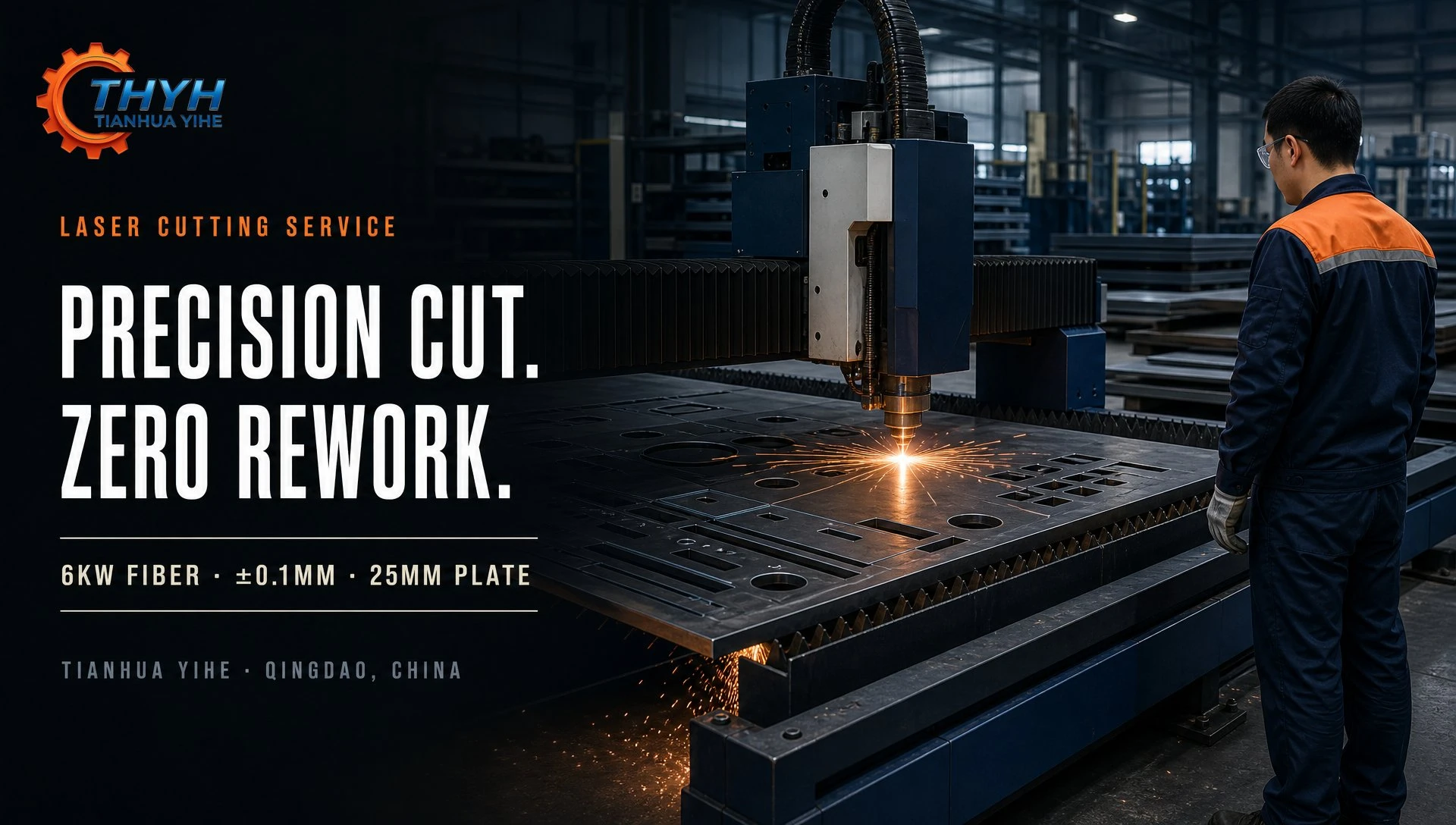 Tianhua Yihe 6kW fiber laser cutting service precision cutting 25mm carbon steel plate at Qingdao China factory