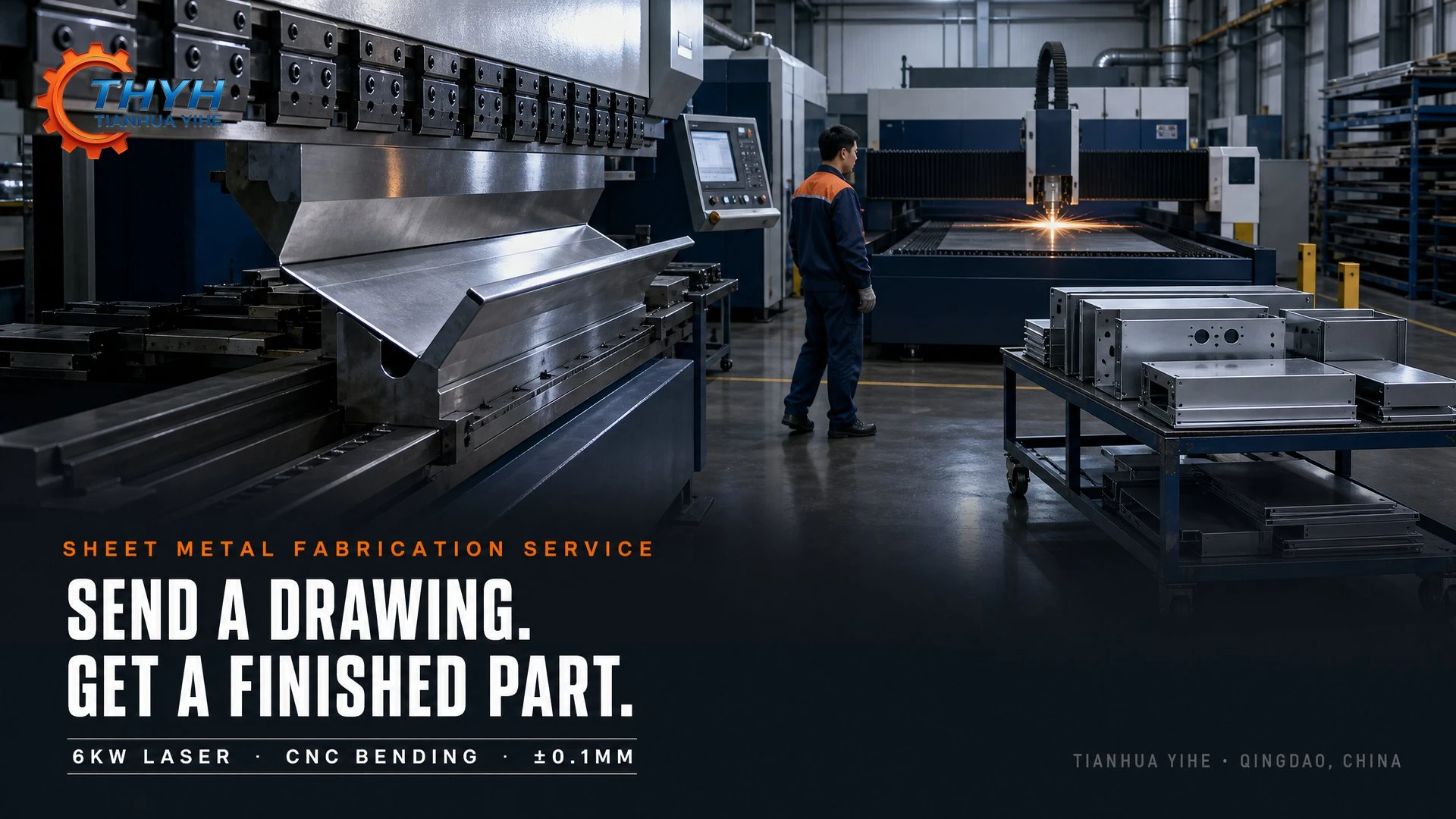 Tianhua Yihe one-stop sheet metal fabrication with 6kW laser CNC bending and ±0.1mm tolerance at Qingdao China factory
