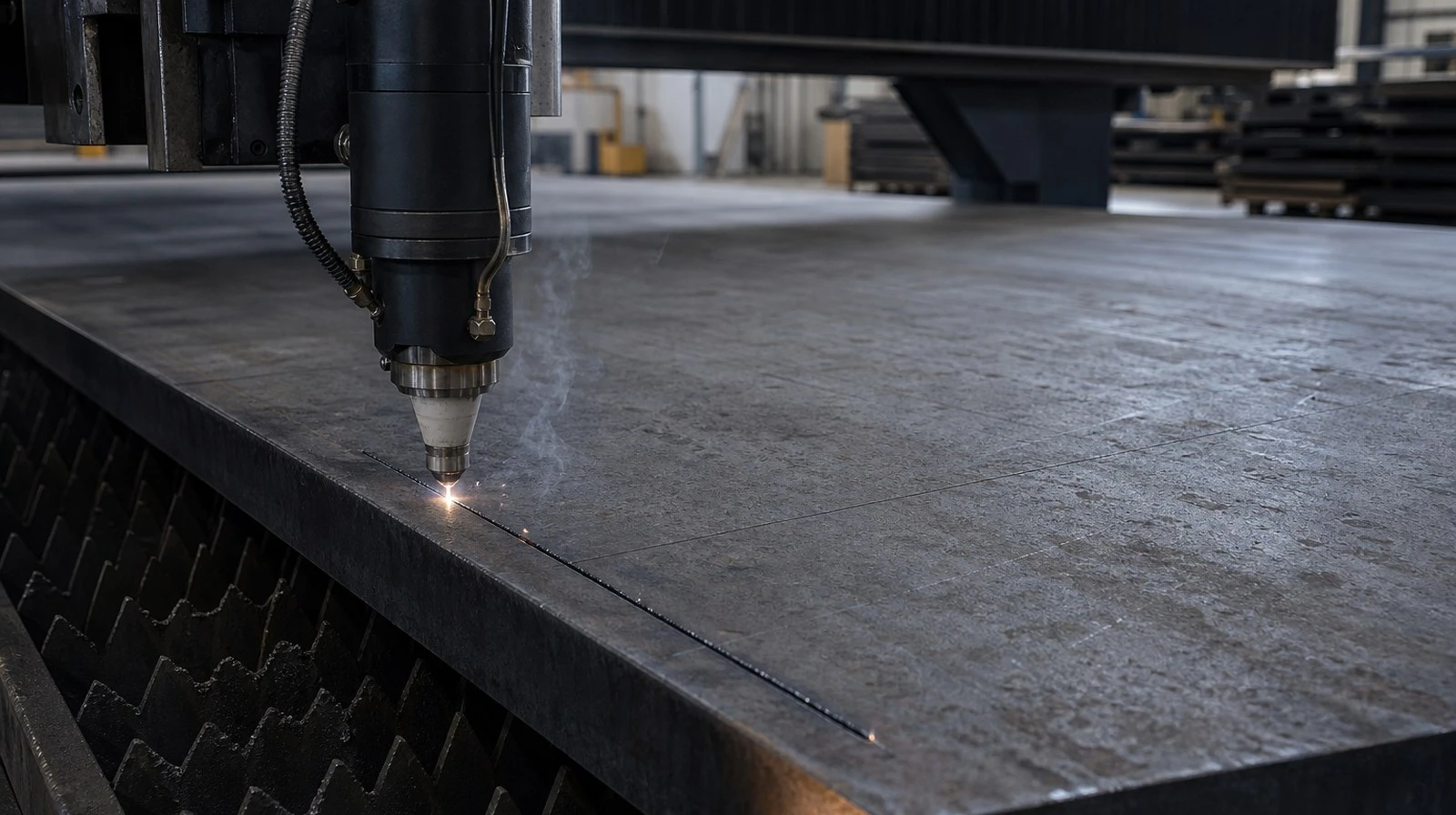 Fiber laser cutting head tracing a narrow kerf through 20 mm mild steel plate for an agricultural implement frame Fiber laser cutting head tracing a narrow kerf through 20 mm mild steel plate for an agricultural implement frame