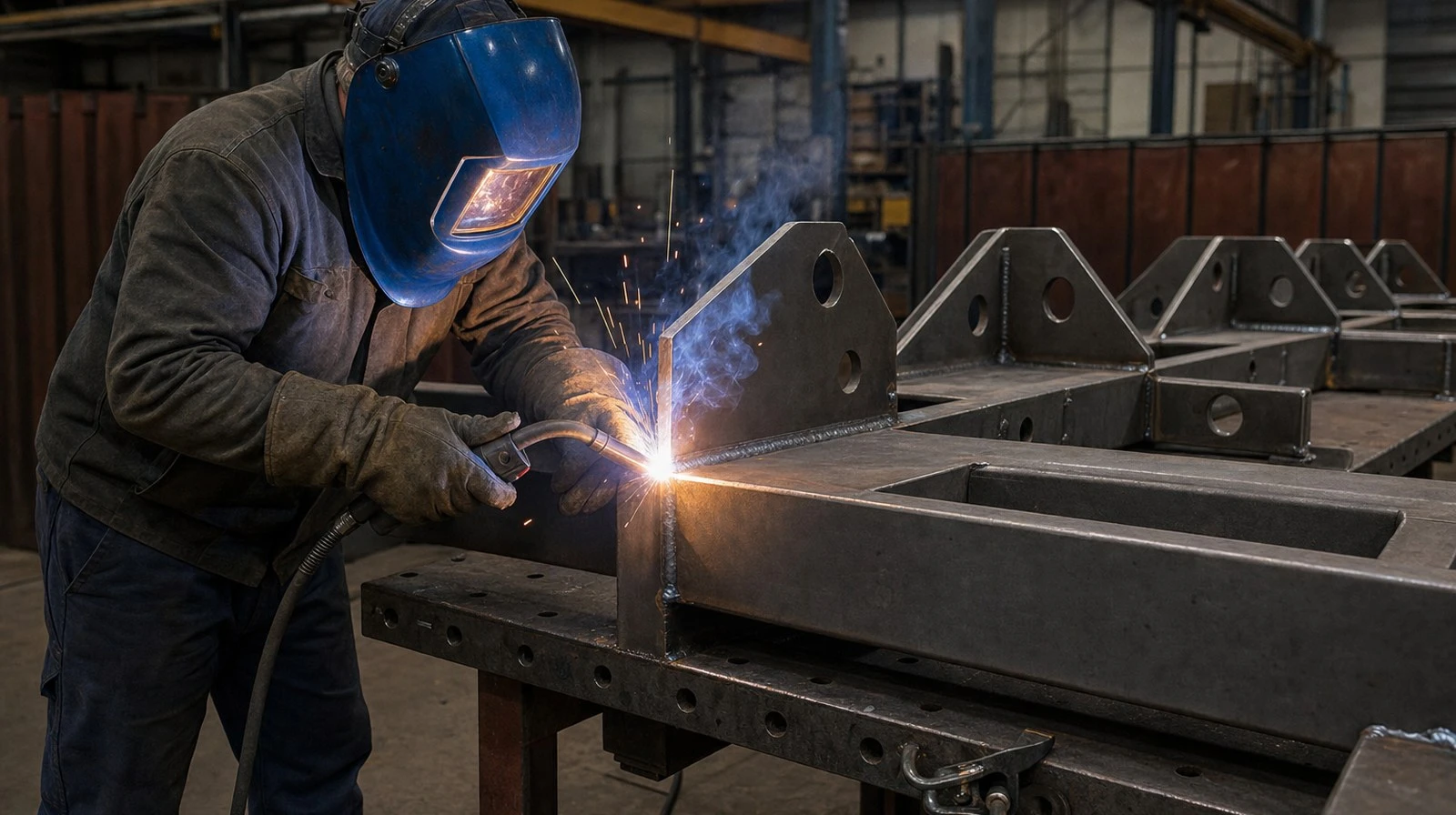 Welder in a blue helmet MIG welding a fillet joint on a gusseted agricultural implement mainframe built from 8-12 mm plate and hollow section Welder in a blue helmet MIG welding a fillet joint on a gusseted agricultural implement mainframe built from 8-12 mm plate and hollow section