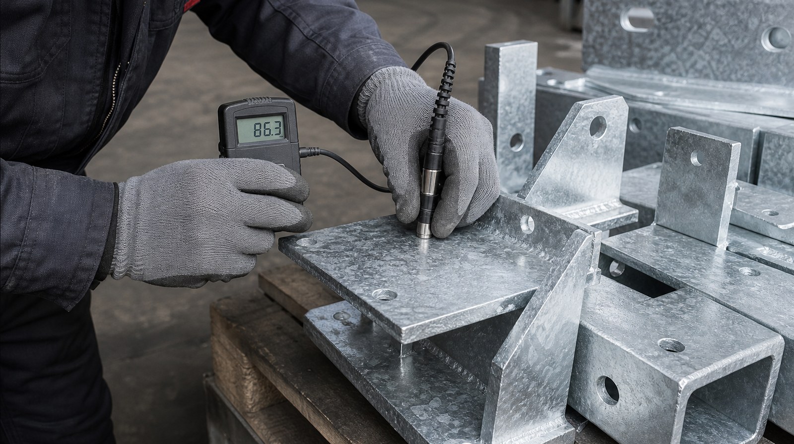 Coating thickness gauge probe pressed against a hot-dip galvanized bracket during a zinc coating check on an agricultural OEM order Coating thickness gauge probe pressed against a hot-dip galvanized bracket during a zinc coating check on an agricultural OEM order