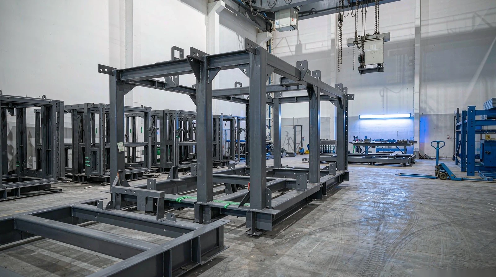Coated steel skid and frame assemblies staged in a fabrication bay under an overhead gantry crane Coated steel skid and frame assemblies staged in a fabrication bay under an overhead gantry crane