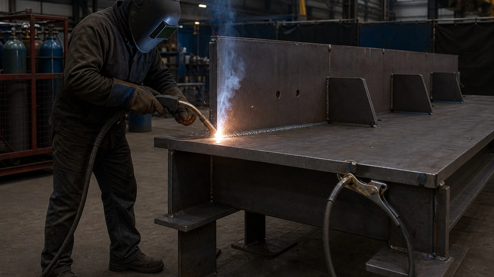 Welder in a dark helmet making a fillet weld along a stiffener-to-plate joint on a bare carbon steel offshore skid Welder in a dark helmet making a fillet weld along a stiffener-to-plate joint on a bare carbon steel offshore skid