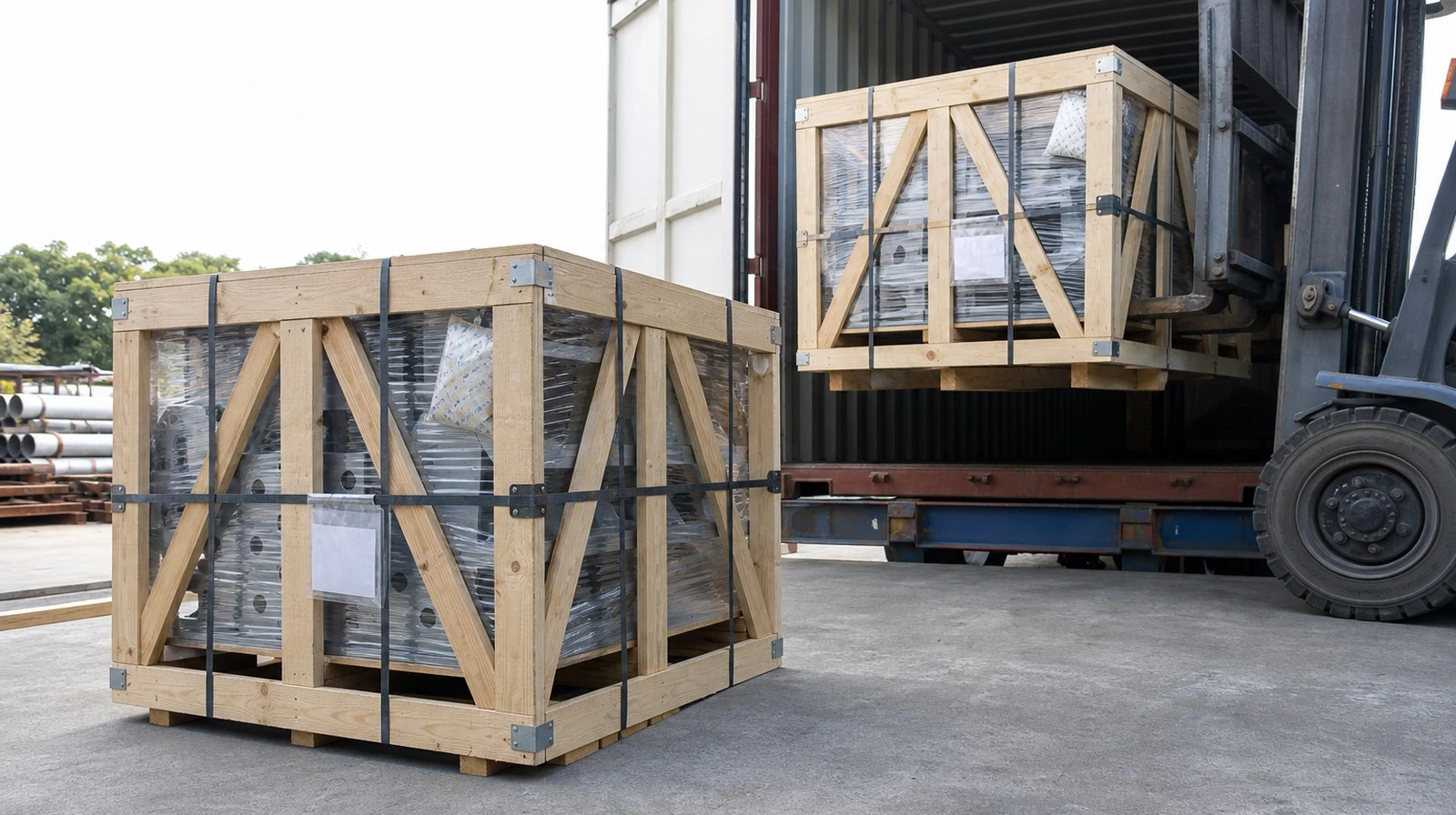 Seaworthy timber crates with VCI-wrapped steel parts, desiccant and strapping, one crate being loaded into a shipping container Seaworthy timber crates with VCI-wrapped steel parts, desiccant and strapping, one crate being loaded into a shipping container
